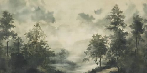 Misty forest wallpaper scene with trees and a body of water.