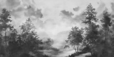 A black and white landscape wallpaper mural featuring tall trees in a misty forest under a cloudy sky.