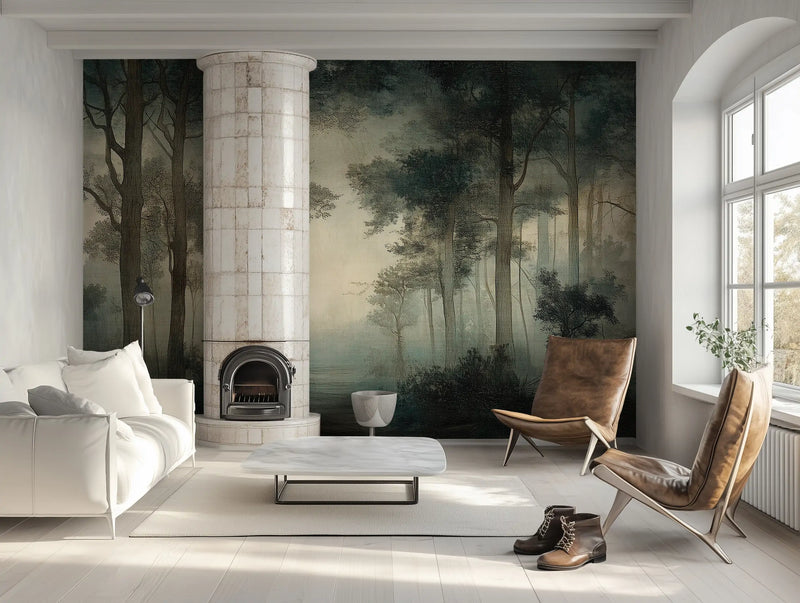 living room wallpaper vintage forest 