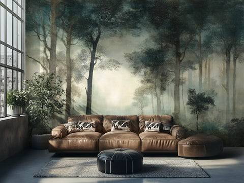 Brown leather sectional sofa in a room with forest mural wallpaper on the wall