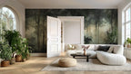 Modern living room with a large forest wallpaper mural on the wall, white sofa, and decorative plants.