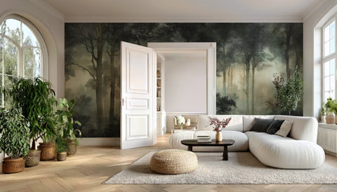 Modern living room with a large forest wallpaper mural on the wall, white sofa, and decorative plants.