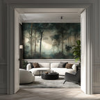 Modern living room with a forest wallpaper mural on the wall