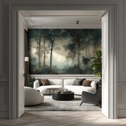 Modern living room with a forest wallpaper mural on the wall