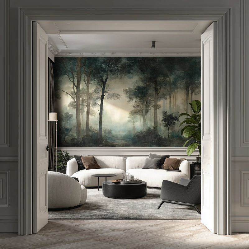 Modern living room with a forest wallpaper mural on the wall