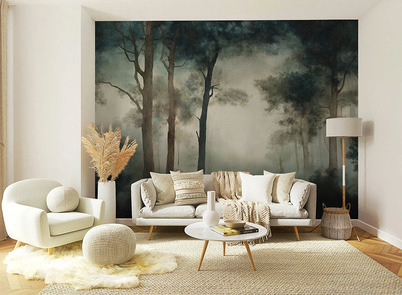 Modern living room with a forest wallpaper mural on the wall