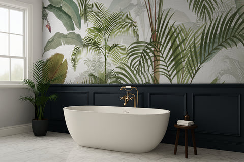 Modern bathroom with a freestanding bathtub against a wall with tropical leaf wallpaper.