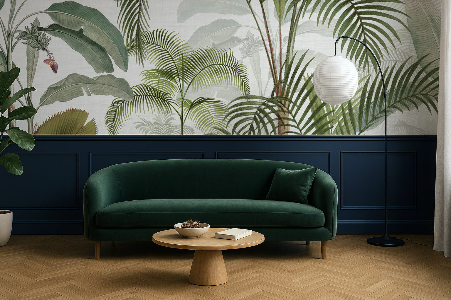 Modern living room with a green sofa, wooden coffee table, and tropical leaf wallpaper.