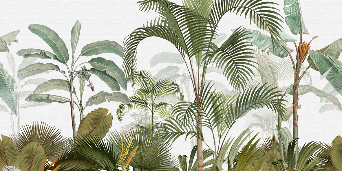 Tropical jungle wallpaper mural with palm leaves.