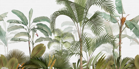 Tropical jungle wallpaper mural with palm leaves.