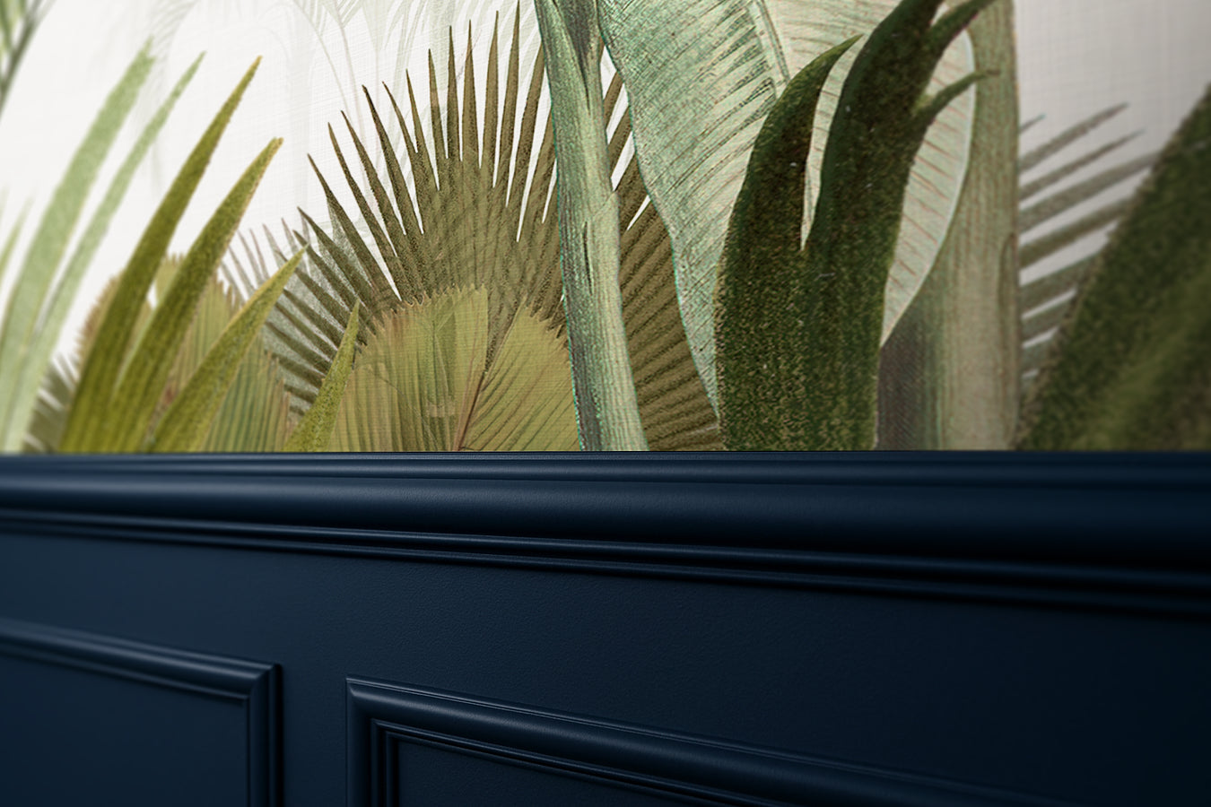 Tropical jungle wallpaper mural with palm leaves, above a blue wainscotting. 