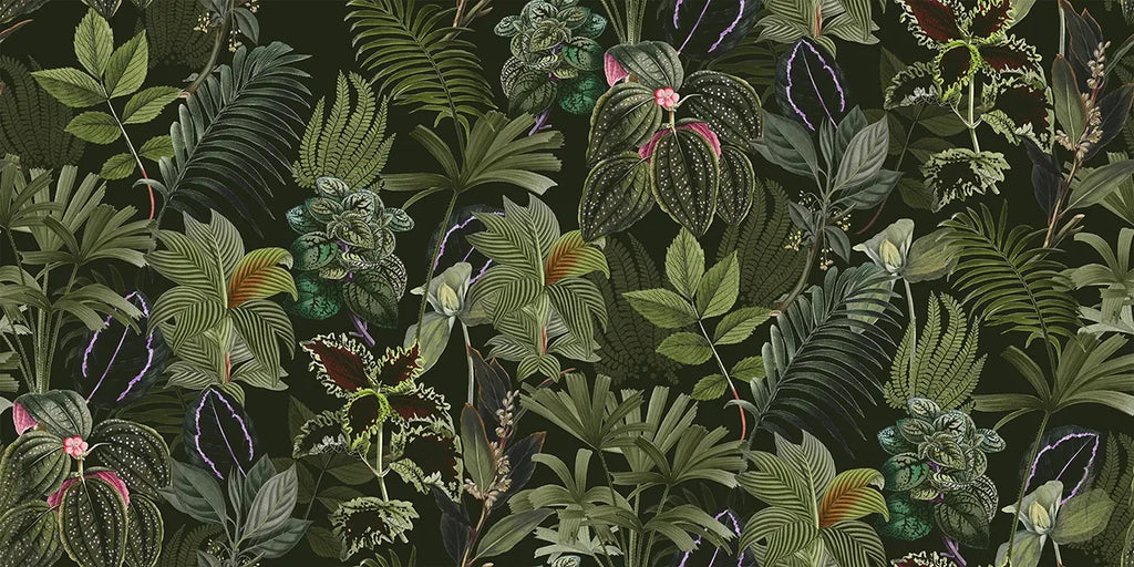 Wallpaper pattern of green leaves and pink flowers on a dark green background