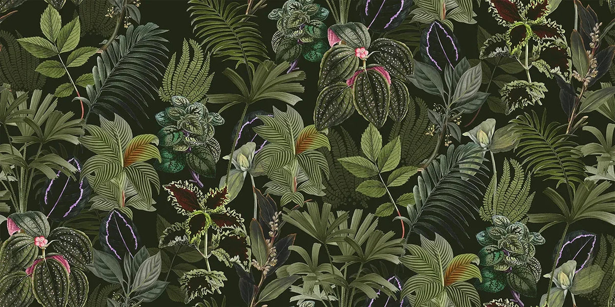 Wallpaper pattern of green leaves and pink flowers on a dark green background