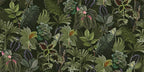Wallpaper pattern of green leaves and pink flowers on a dark green background