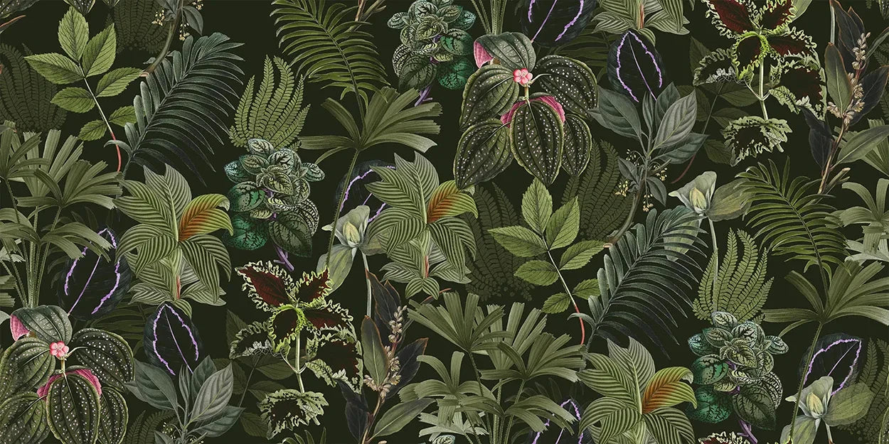 Wallpaper pattern of green leaves and pink flowers on a dark green background