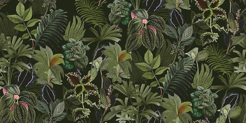 Wallpaper pattern of green leaves and pink flowers on a dark green background