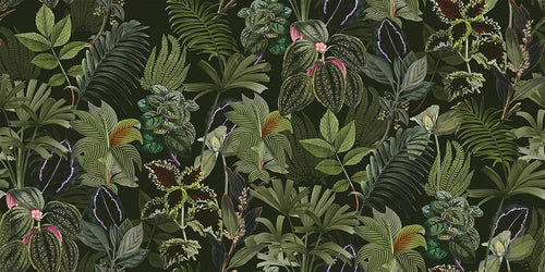 Wallpaper pattern of green leaves and pink flowers on a dark green background