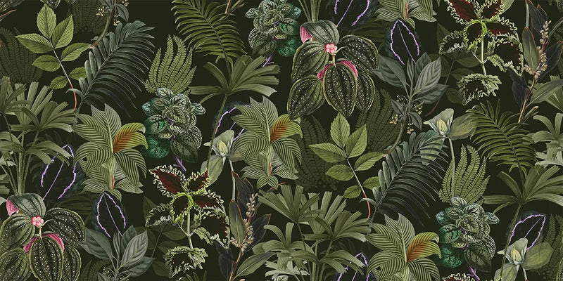 Wallpaper pattern of green leaves and pink flowers on a dark green background