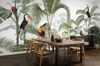 Tropical mural wallpaper in a kitchen dining room, jungle design with parrots, toucans, and palm trees