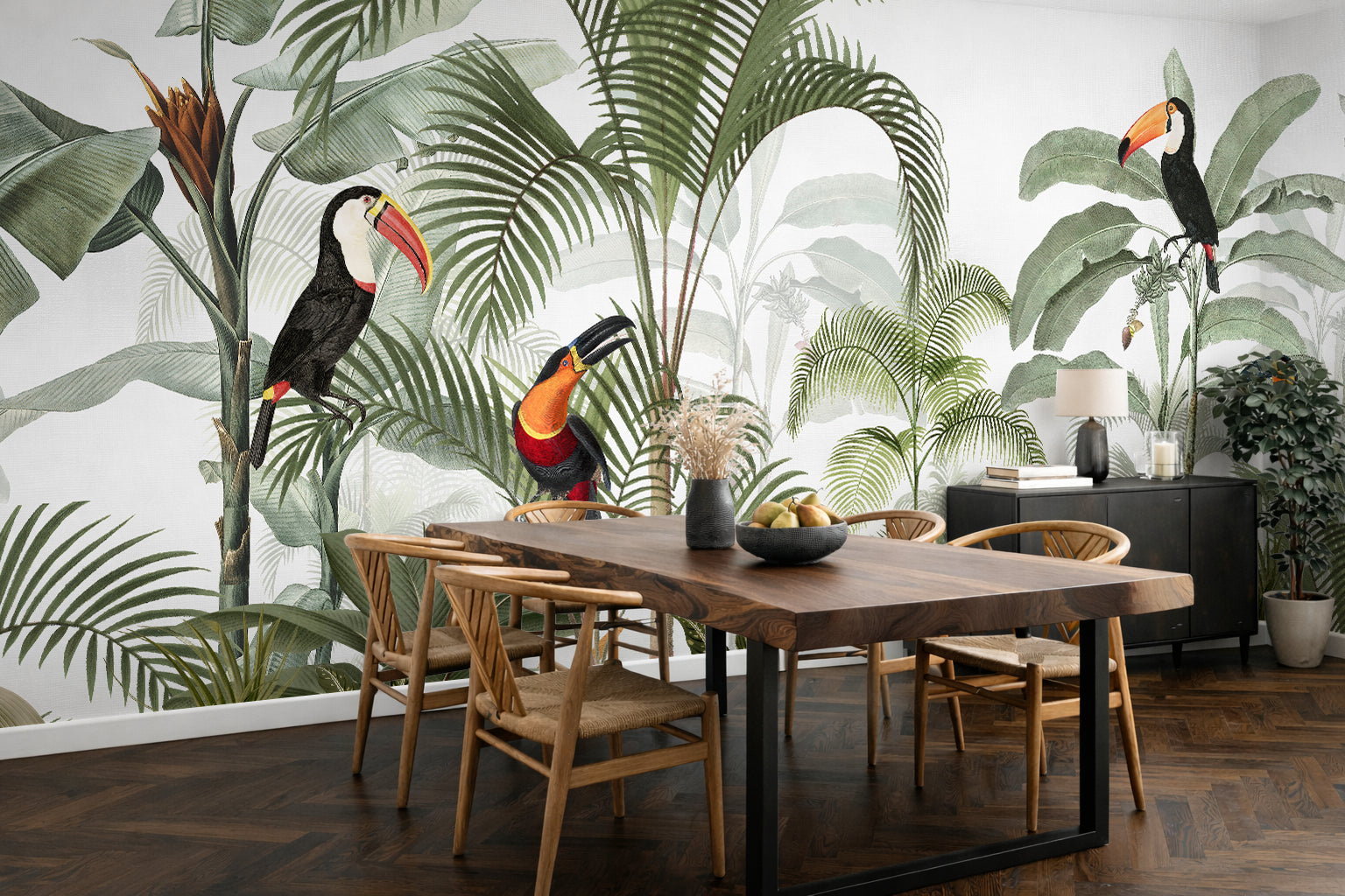 Tropical mural wallpaper in a kitchen dining room, jungle design with parrots, toucans, and palm trees