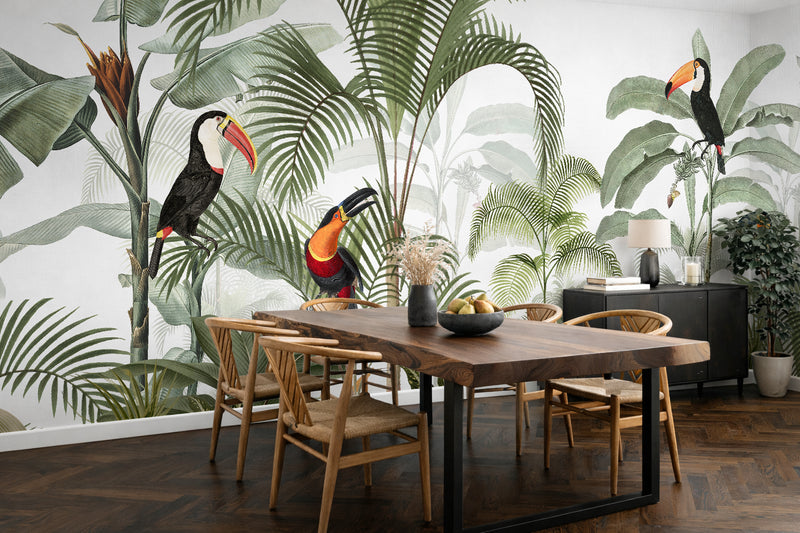 Tropical mural wallpaper in a kitchen dining room, jungle design with parrots, toucans, and palm trees