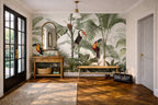 Tropical mural wallpaper in living room, jungle design with parrots, toucans, and palm trees