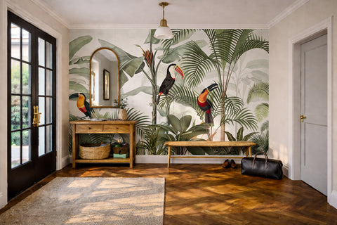 Tropical mural wallpaper in living room, jungle design with parrots, toucans, and palm trees