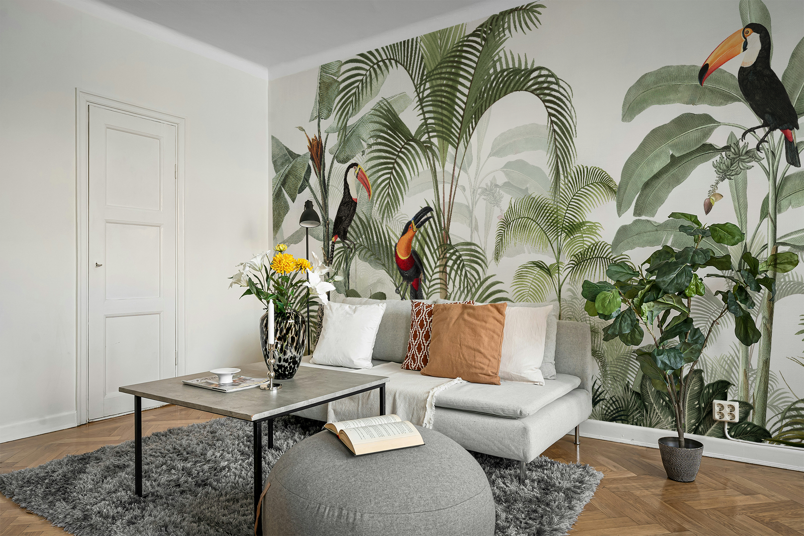 Tropical mural wallpaper in living room, jungle design with parrots, toucans, and palm trees