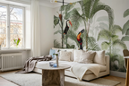 Tropical mural wallpaper in living room, jungle design with parrots, toucans, and palm trees