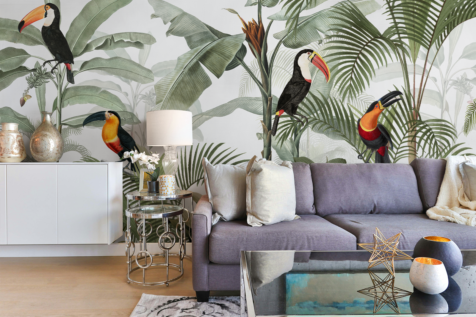 Tropical mural wallpaper in a living room, jungle design with parrots, toucans, and palm trees