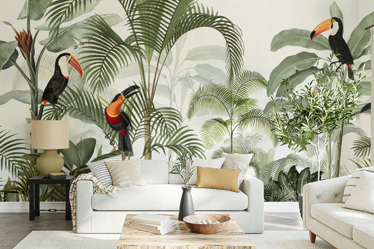 Tropical mural wallpaper in a living room, jungle design with parrots, toucans, and palm trees