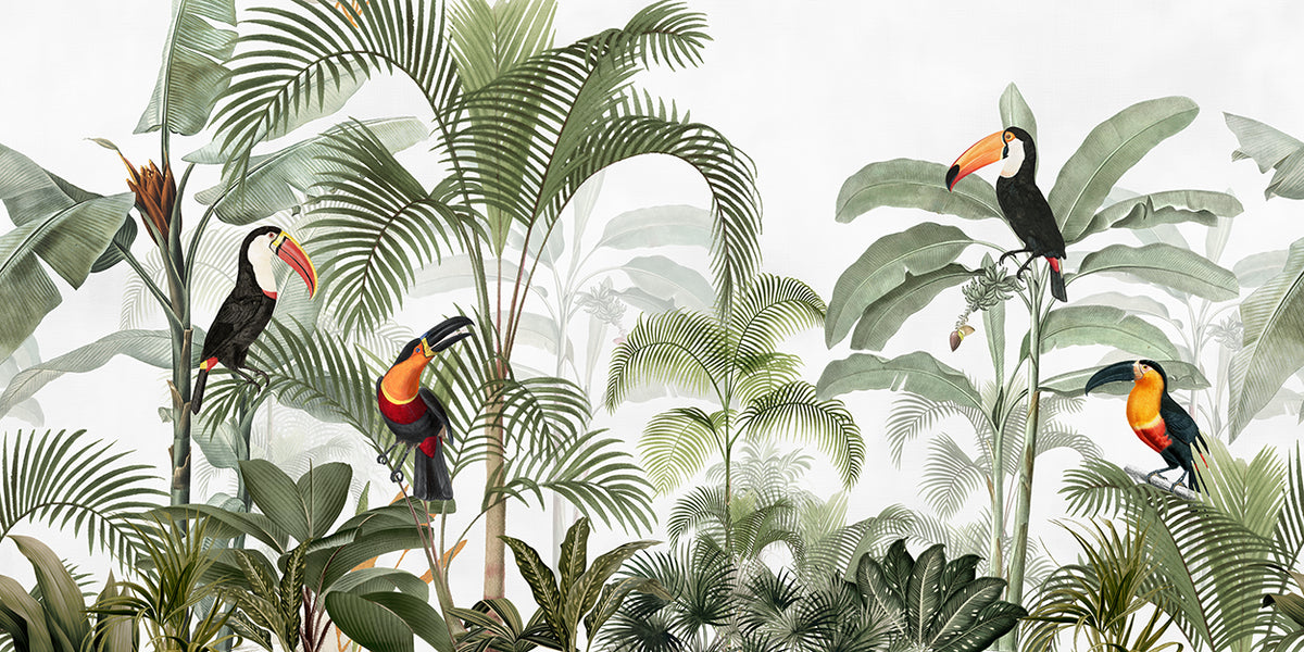 Tropical mural wallpaper, jungle design with parrots, toucans, and palm trees