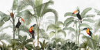 Tropical mural wallpaper, jungle design with parrots, toucans, and palm trees