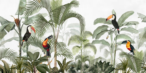 Tropical mural wallpaper, jungle design with parrots, toucans, and palm trees