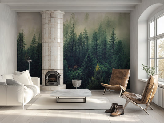 Living room with wallpaper featuring a large forest photography mural