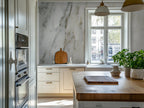 A modern kitchen with basil plants and marble wallpaper