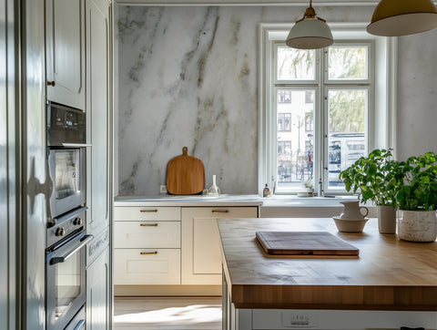 A modern kitchen with basil plants and marble wallpaper