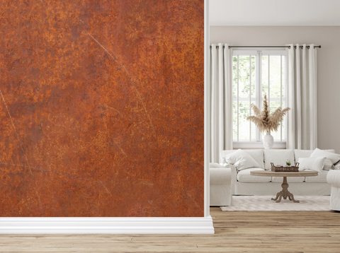 Modern living room with a white sofa, and a wallpaper mural with industrial rust texture. 