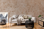 A modern living room scene featuring a beige industrial textured wallpaper, a light gray sofa with a dog lying on it, a black woven side table, and a large framed abstract print on the left.