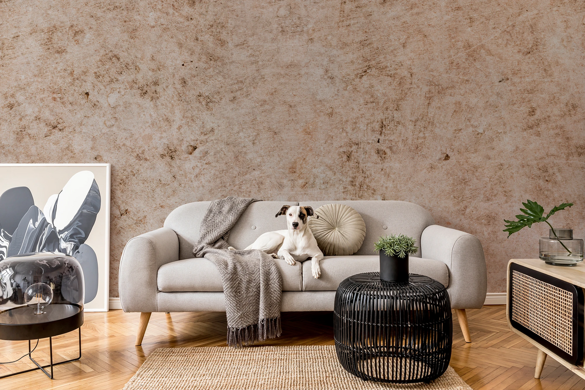 A modern living room scene featuring a beige industrial textured wallpaper, a light gray sofa with a dog lying on it, a black woven side table, and a large framed abstract print on the left.