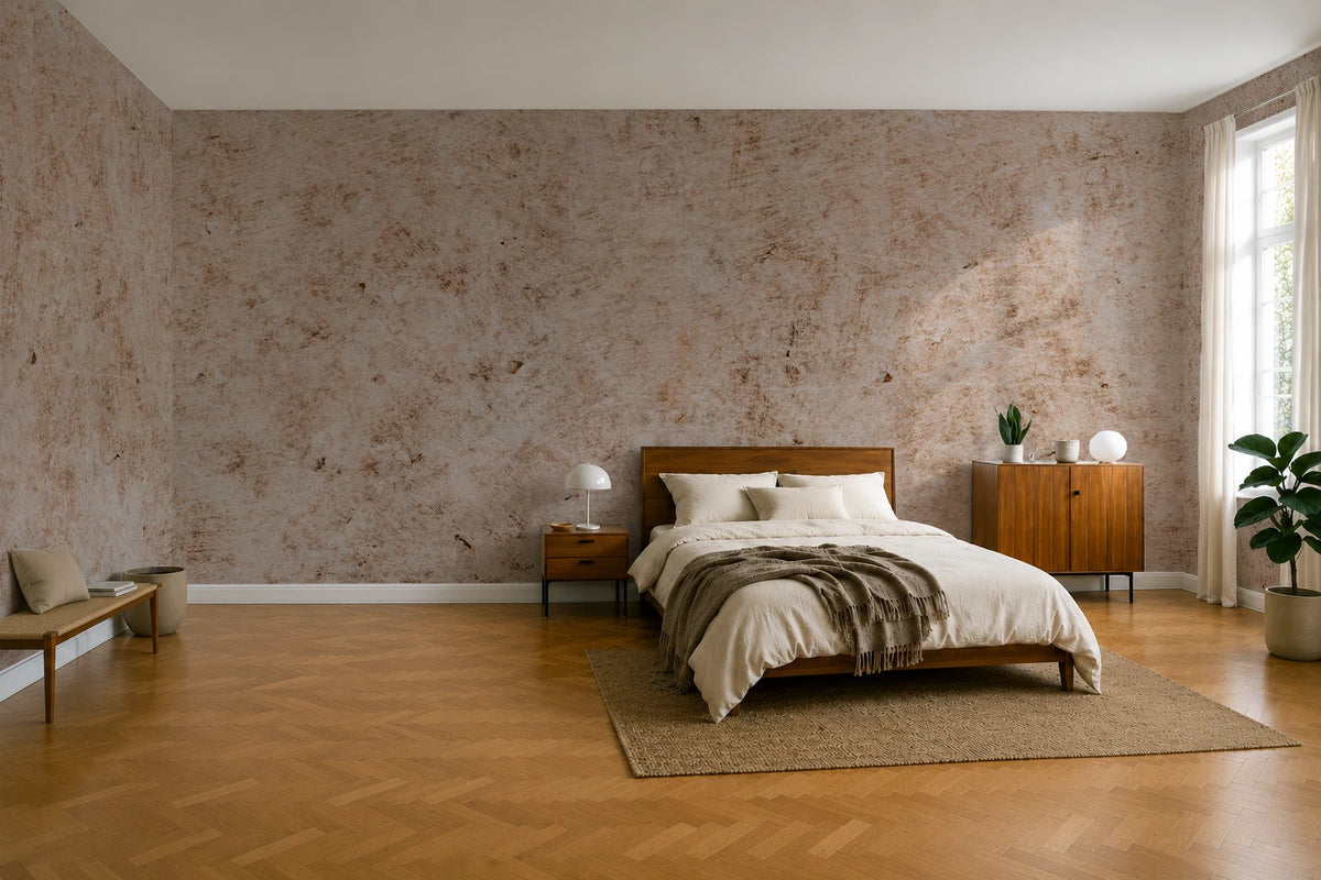 A styled bedroom interior featuring an industrial textured beige-brown wallpaper on the main wall, a wooden bed with cream bedding and a brown throw, matching wood nightstands, a wood cabinet, a rug, and a potted plant by a window.