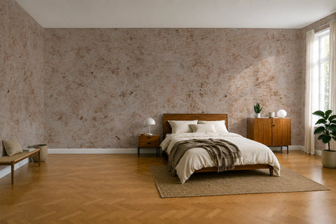 A styled bedroom interior featuring an industrial textured beige-brown wallpaper on the main wall, a wooden bed with cream bedding and a brown throw, matching wood nightstands, a wood cabinet, a rug, and a potted plant by a window.