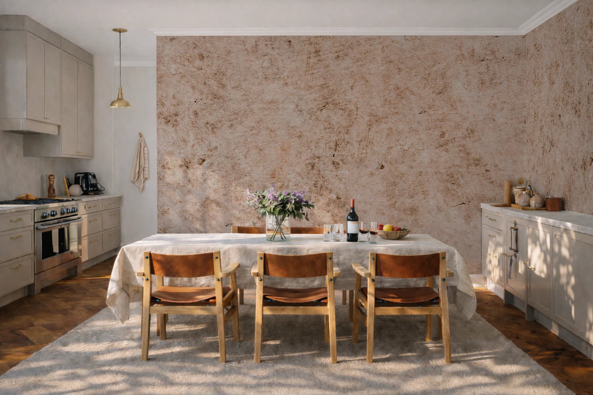 A styled dining room scene featuring a industrial textured beige wallpaper accent wall, a light wood dining table with a white tablecloth and four wooden chairs with brown leather seats, set on a light beige rug.