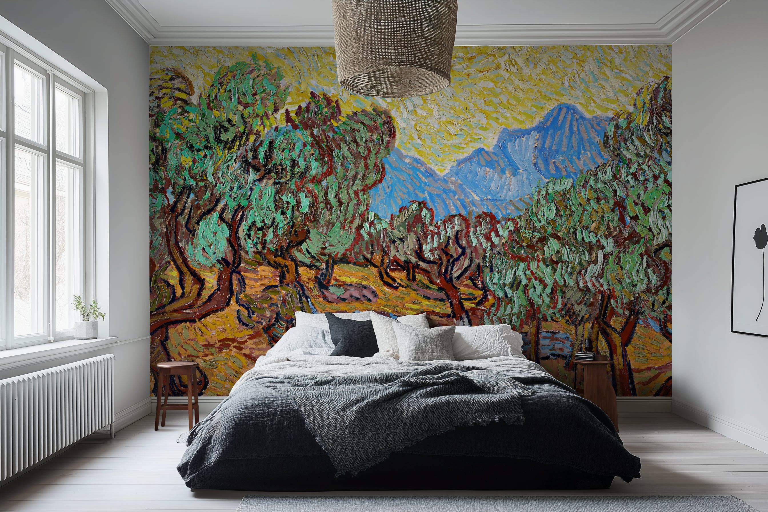 Olive Trees with Yellow Sky and Sun – Vincent van Gogh (1889) Vintage Nature Art Wallpaper