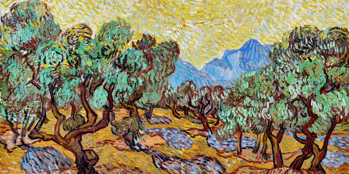 Olive Trees with Yellow Sky and Sun – Vincent van Gogh (1889) Vintage Nature Art Wallpaper
