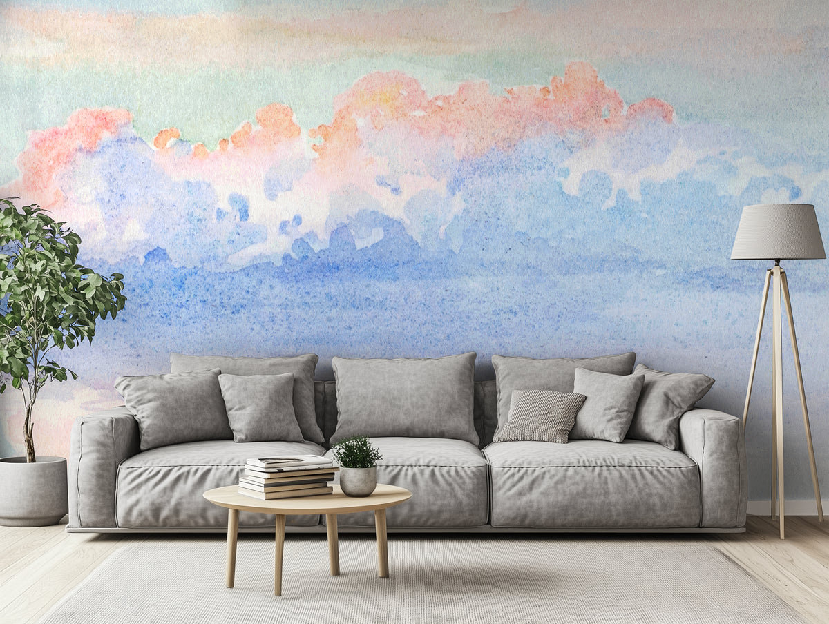 Modern living room with a grey sofa, and a wallpaper mural depicting "The Sky from Venice" by George Elbert Burr. 
