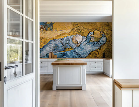 Modern kitchen with a large wallpaper mural of Van Gogh's "The Siesta"