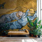 Modern living room with a brown daybed, plants and a large wallpaper mural of Van Gogh's "The Siesta"