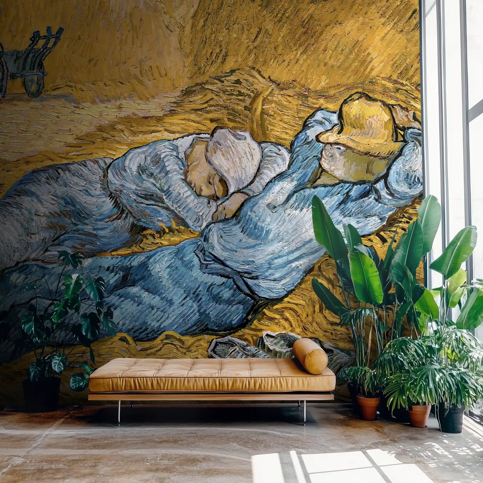 Modern living room with a brown daybed, plants and a large wallpaper mural of Van Gogh's "The Siesta"