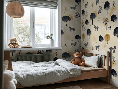 Children's bedroom with teddy bear, patterned  animal forest wallpaper, and large window.